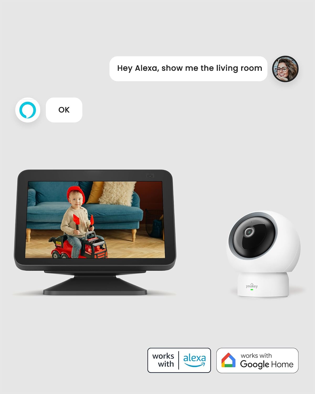 youkey Cámara interior HD de 2.5 K para mascotas, chat de audio bid...