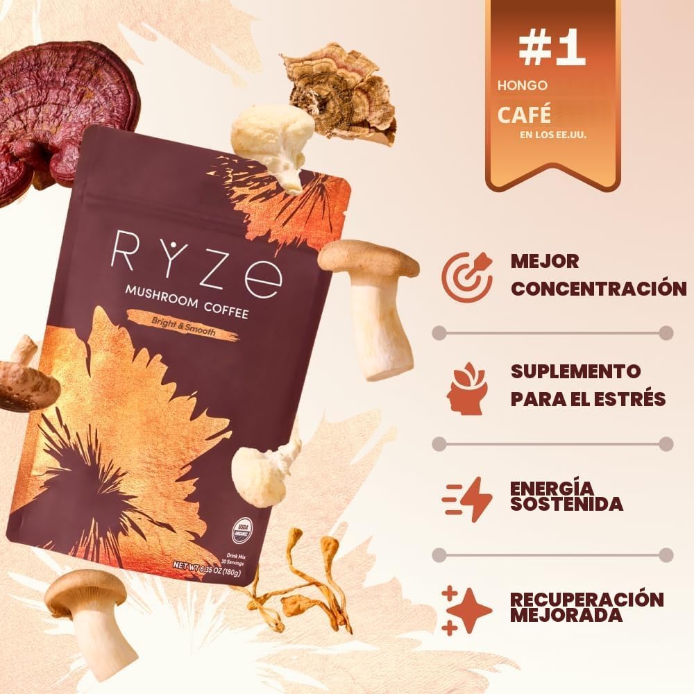 RYZE SUPERFOODS - Café de tostado medio de hongos orgánico USDA con...