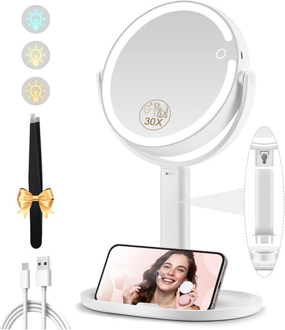 MOMOKUBA Espejo de maquillaje con luces, espejo de aumento de doble...