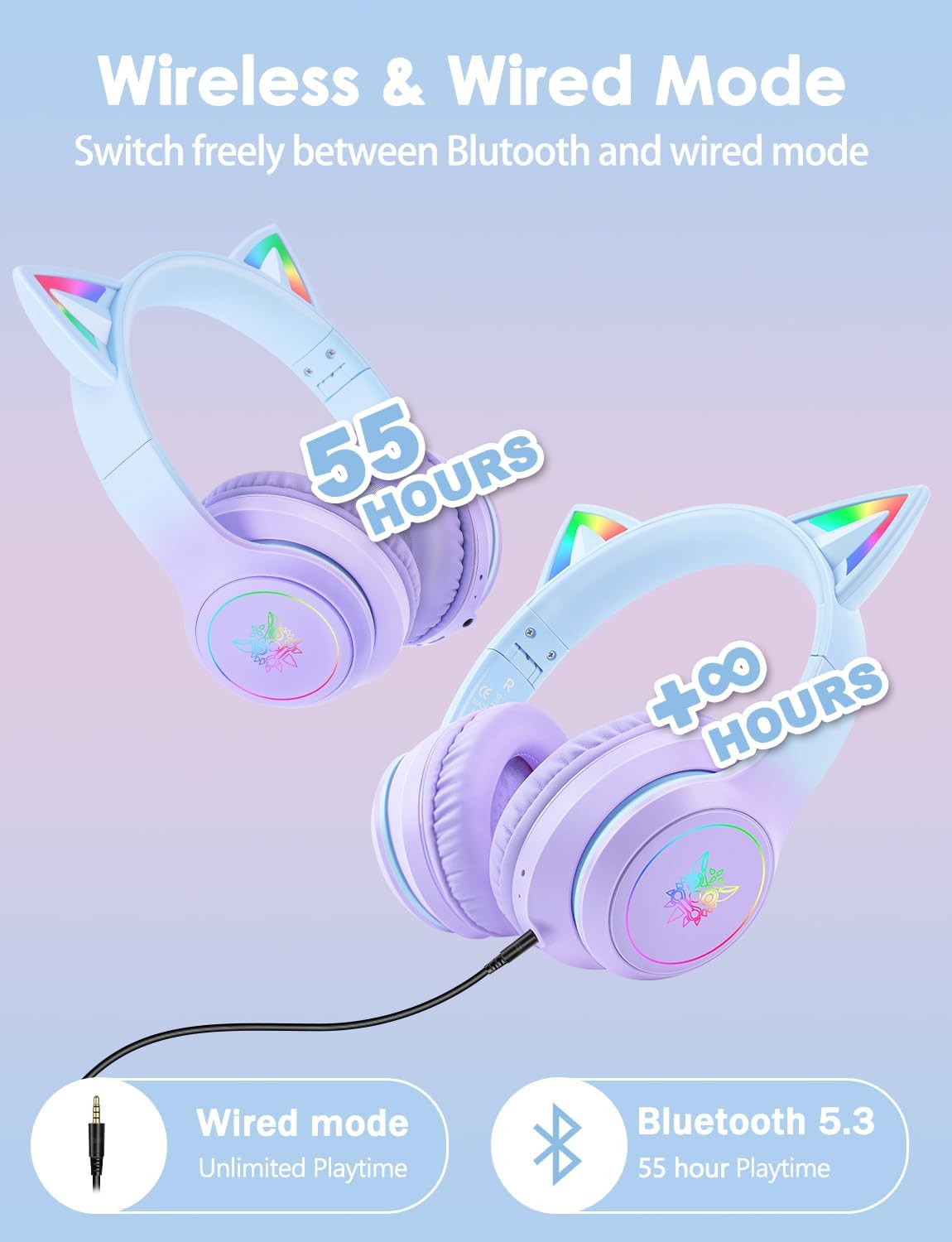 ONITOON Auriculares Bluetooth de oreja de gato con micrófono para n...