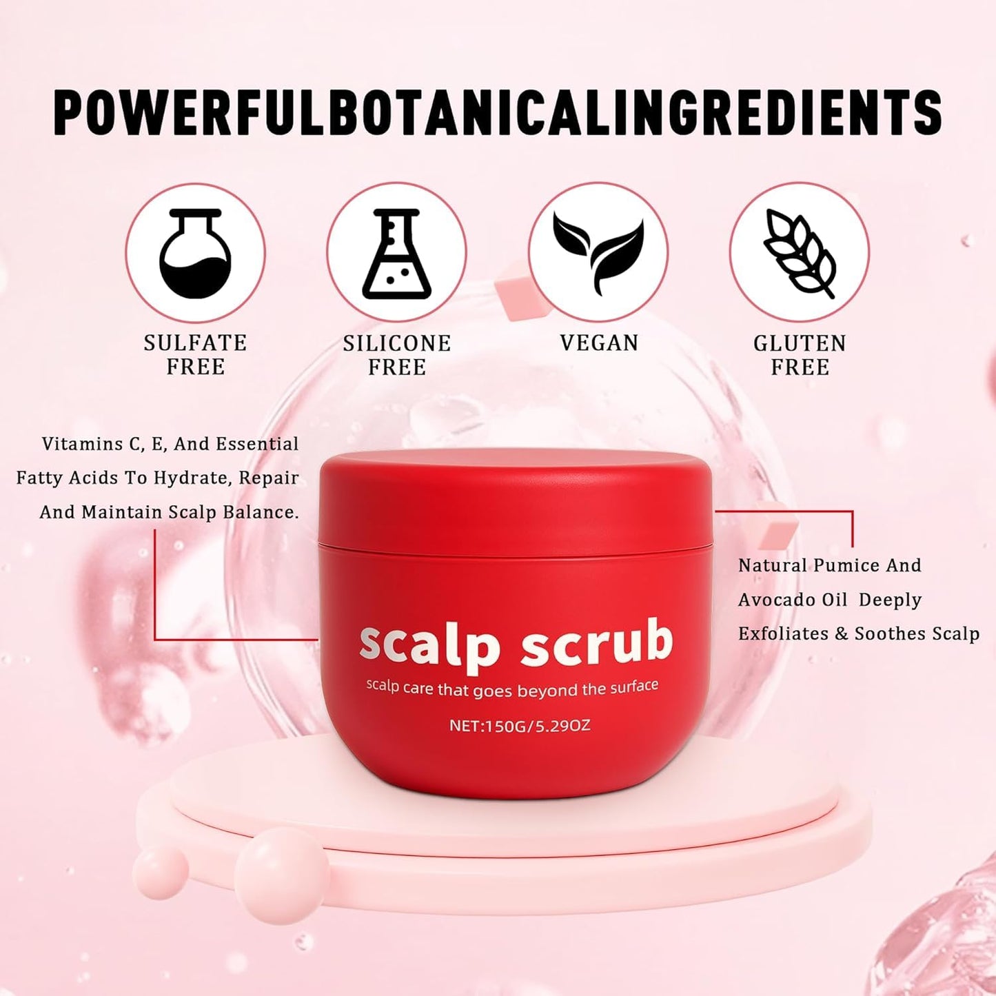 Exfoliante de cuero cabelludo con aceite de aguacate, rico en extracto de pomelo, extracto de semilla de uva y piedra pómez, exfoliante natural y cuero cabelludo seco, sin gluten, vegano