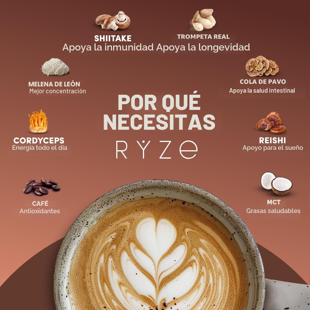 RYZE SUPERFOODS Café de hongos tostado oscuro, 6 hongos adaptogénic...