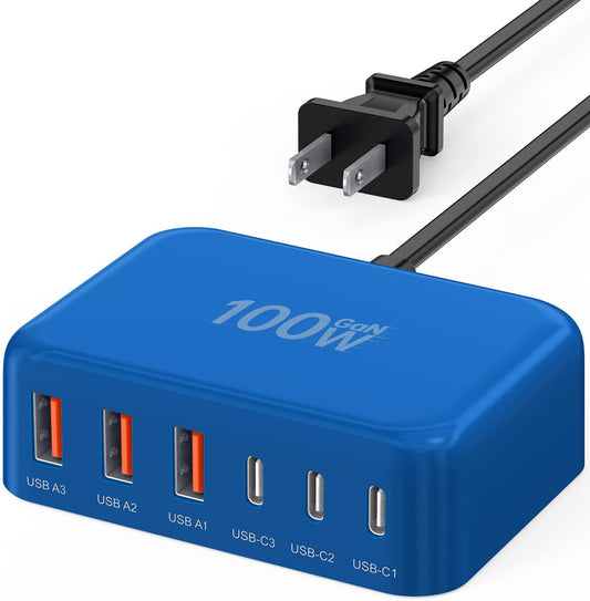 Cargador rápido USB C, 100W GaN estación de carga de 6 puertos tipo...