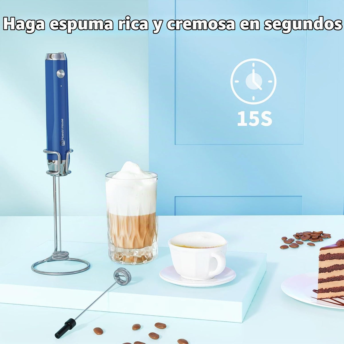 Maestri House LunaFro Espumador de leche recargable, soporte y 2 ba...