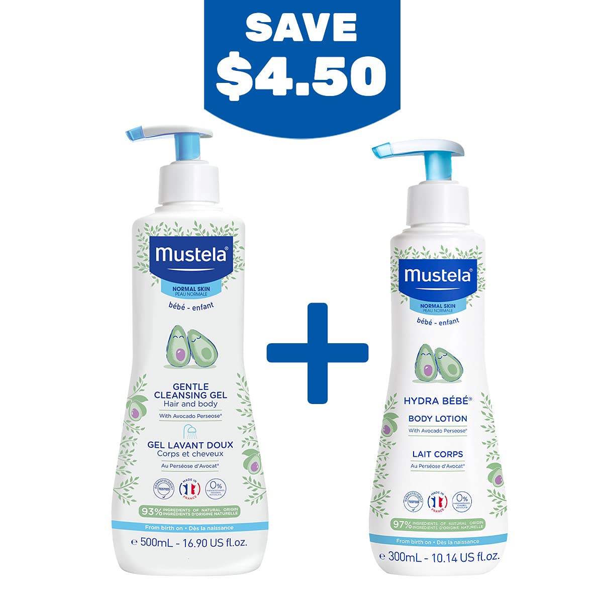 Mustela Set de regalo para la hora del baño para bebés, esenciales para el cuidado de la piel del bebé con aguacate natural, contiene loción corporal Hydra Bebe de 10.14 onzas líquidas y gel limpiador suave de 16.9 onzas líquidas, juego de 2 artículos