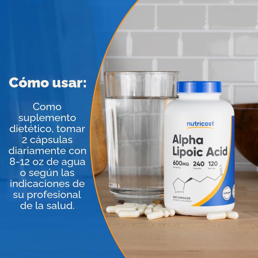 Suplemento Nutricost Ácido Alfa Lipoico, 0.02 oz por porción, 120 p...