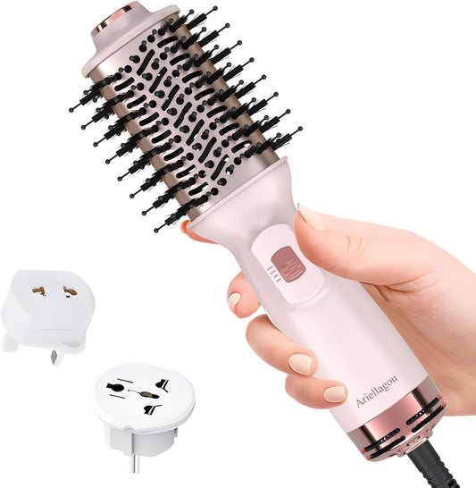 Cepillo secador de pelo de viaje de doble voltaje, mini cepillo de aire caliente con enchufe europeo, secador de un paso y voluminizador para uso doméstico y salón de belleza