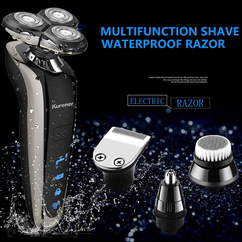 Afeitadora eléctrica para hombres, recargable, 100% impermeable, rotativa para afeitarse con recortadora de nariz, patillas, recortadora, cepillo de limpieza facial