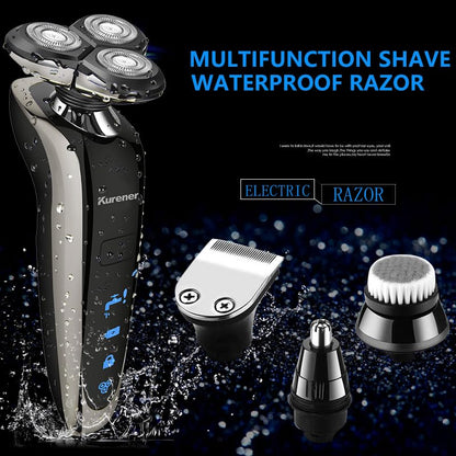 Afeitadora eléctrica para hombres, recargable, 100% impermeable, rotativa para afeitarse con recortadora de nariz, patillas, recortadora, cepillo de limpieza facial