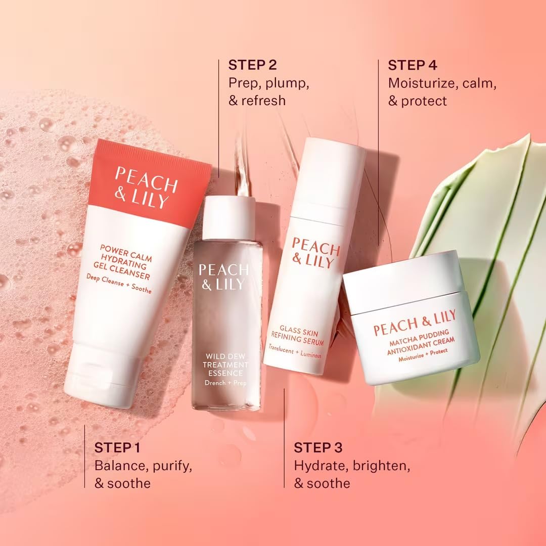 Peach & Lily - Kit de Descubrimiento de Piel de Vidrio (4 Productos) - 1 Limpiador, 1 Esencia, 1 Suero y 1 Crema - Set de Cuidado de la Piel - Rutina para Acné - Esenciales de Viaje - Autocuidado