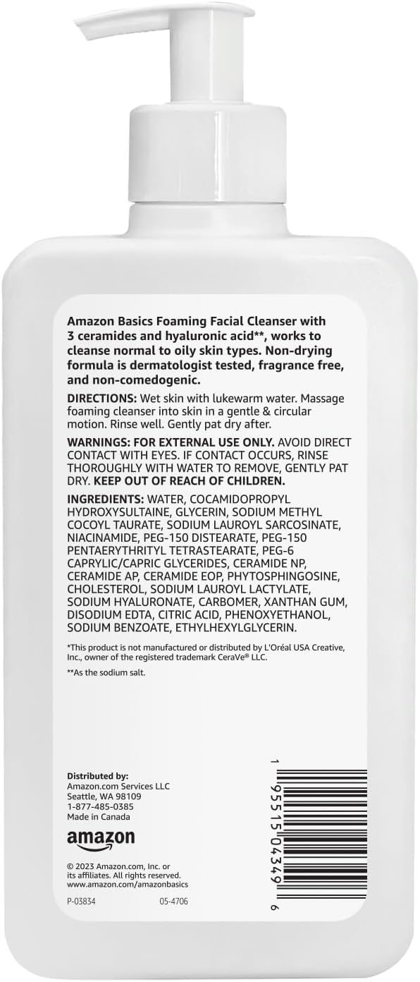 Amazon Basics Limpiador facial espumoso con ceramidas y ácido hialurónico, suave lavado facial diario, no comedogénico, sin fragancia, 12 onzas líquidas