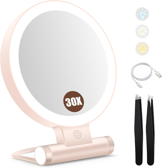 B Beauty Planet Espejo de aumento con luz 30X, espejo de maquillaje...