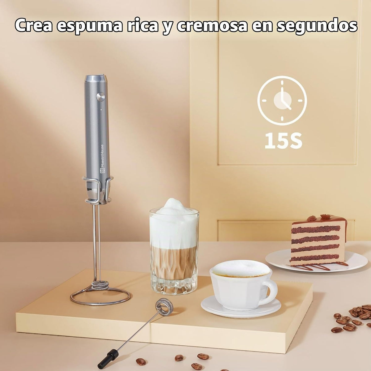 Maestri House LunaFro - Espumador de leche recargable con soporte,...