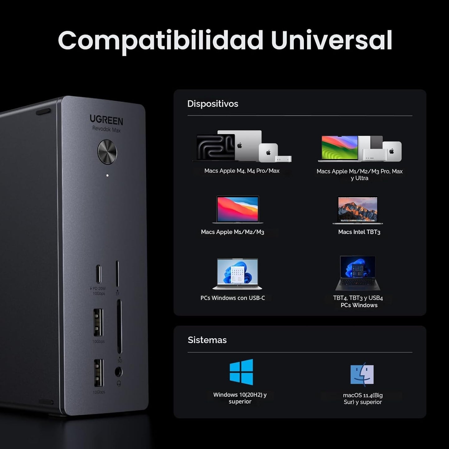 UGREEN Thunderbolt 4 Dock 13-en-1 Estación de acoplamiento de 40Gbps con pantalla única 8K y doble 4K@60Hz, carga de 90W para laptop, 2.5GbE, SD/TF 4.0. Revodok Max 213 para MacBook Surface Pro y más