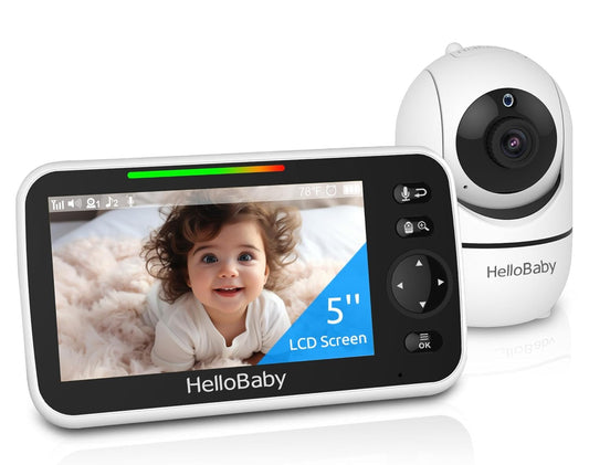 HelloBaby Monitor de bebé sin WiFi, pantalla de 5 pulgadas, batería de 30 horas, video de panorámica/inclinación/zoom mejorado con cámara y audio, visión nocturna, VOX, conversación bidireccional, 8