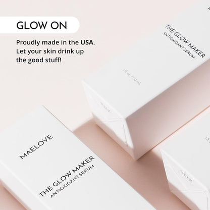 MAELOVE Glow Maker - Suero de vitamina C con vitamina E, ácido ferúlico y ácido hialurónico, galardonado suero facial iluminador e hidratante, sin perfume, 1.0 onzas líquidas