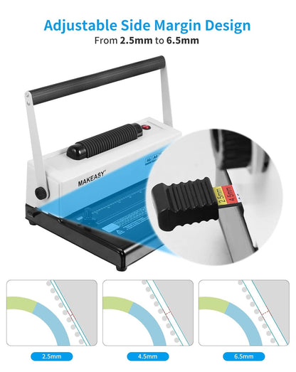 MAKEASY Máquina de Encuadernación en Espiral de Bobina - Perforadora Manual - Insertador de Bobina Eléctrico - Margen Lateral Ajustable - para Tamaño Carta/A4/A5, Viene con 1 Caja de Espinas de