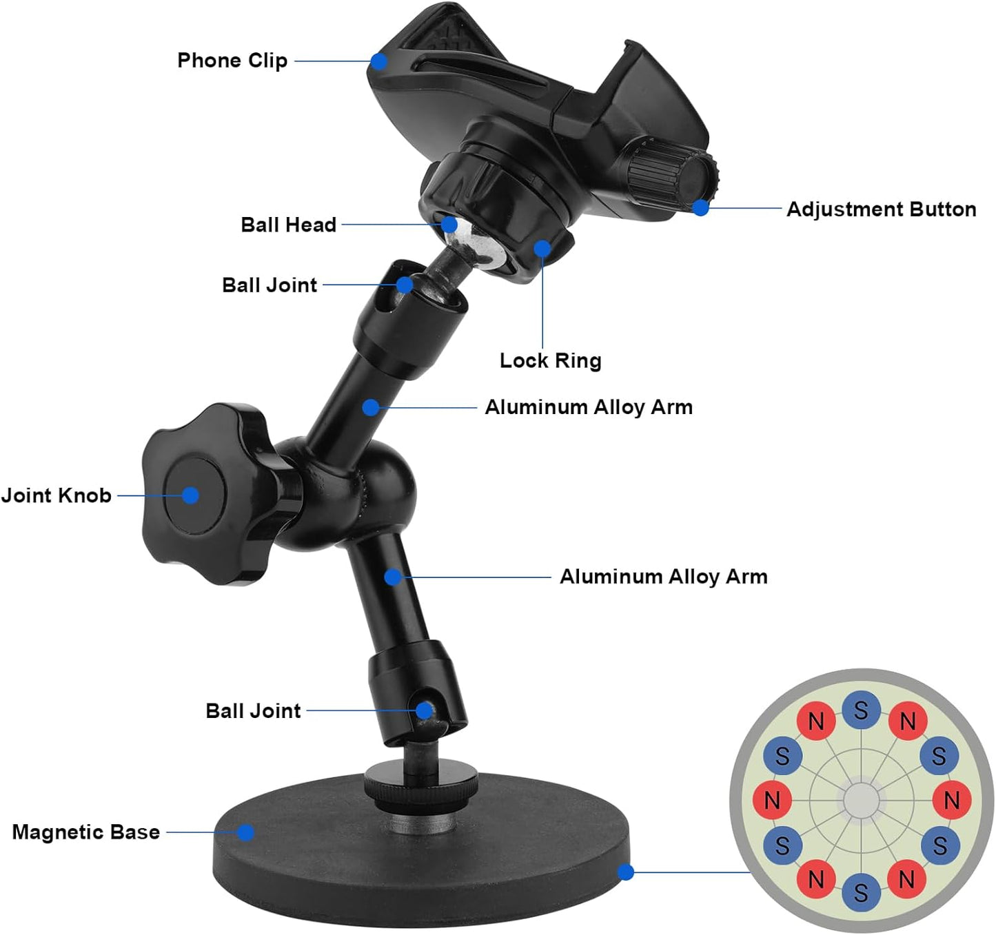 Soporte magnético para teléfono, soporte de teléfono resistente para camión, tractor, montacargas, barcos, vehículos de motor, compatible con iPhone/Nexus/Smartphone, brazo ajustable de 360° y base magnética de 3.46 pulgadas