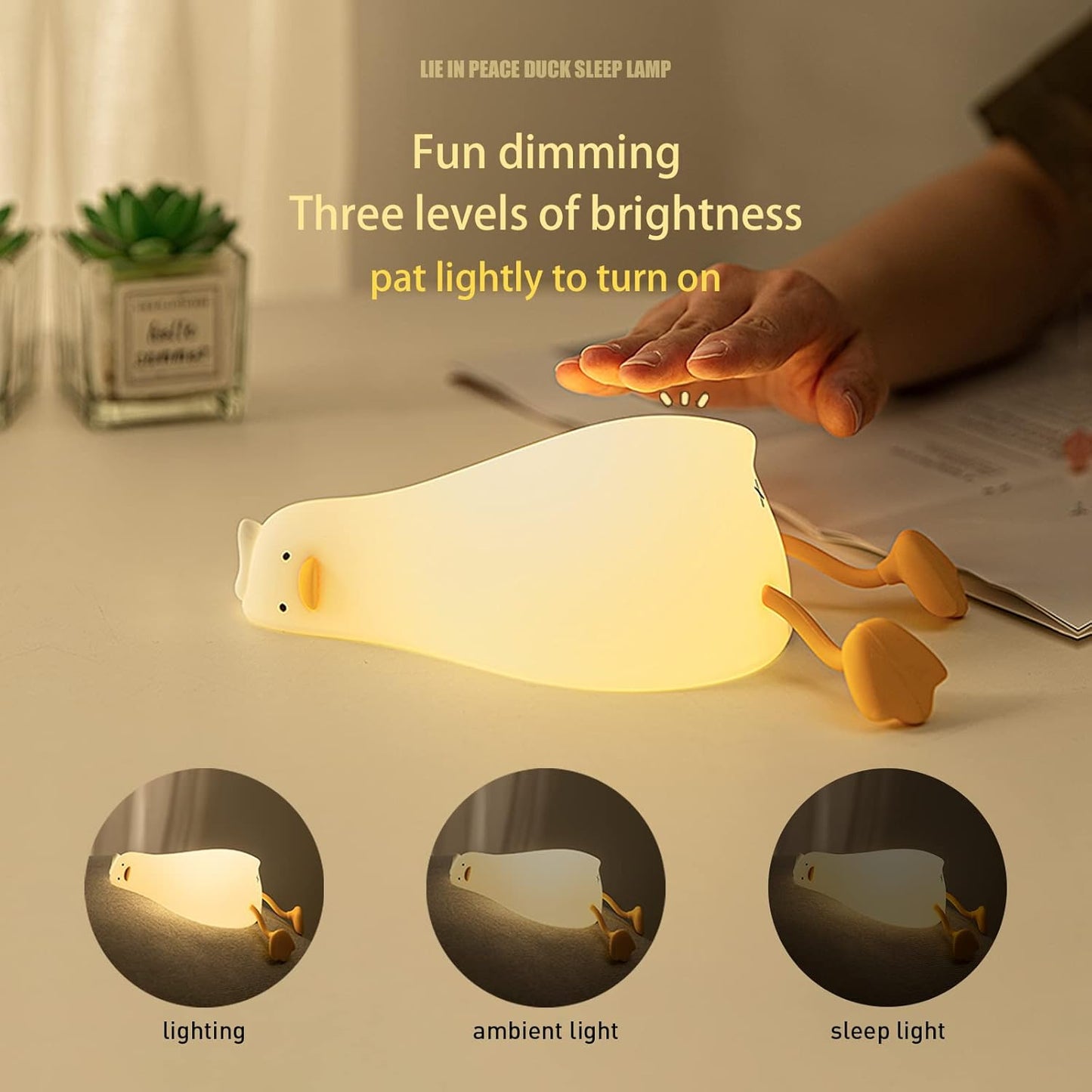 MUID Benson - Luz nocturna de pato acostado plano, lámpara LED de pato suave, lindo pato iluminado, luz nocturna de silicona regulable para guardería, lámpara táctil recargable de mesita de noche para