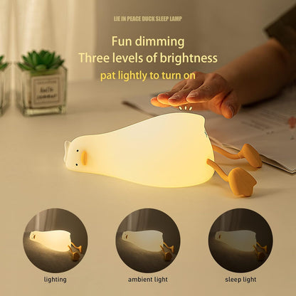 MUID Benson - Luz nocturna de pato acostado plano, lámpara LED de pato suave, lindo pato iluminado, luz nocturna de silicona regulable para guardería, lámpara táctil recargable de mesita de noche para