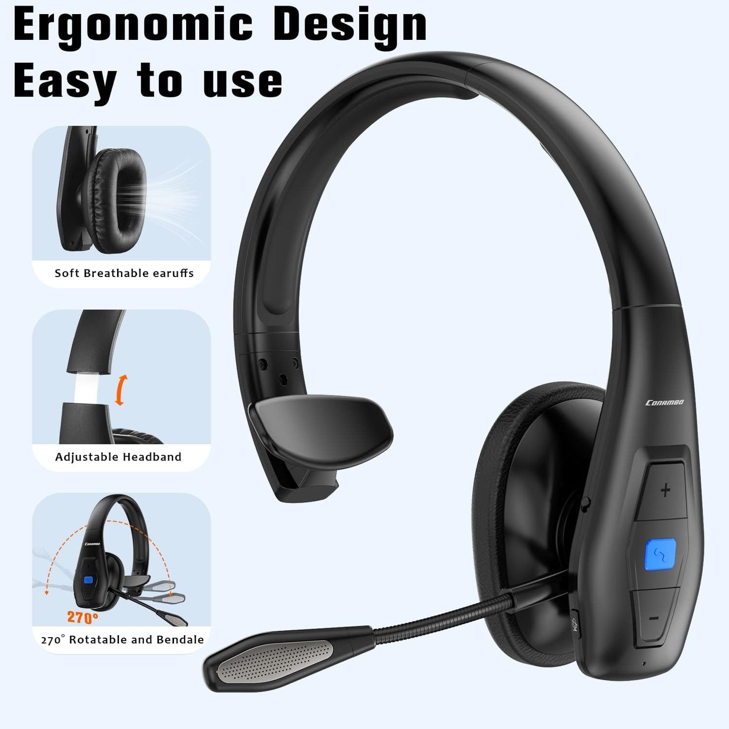 Conambo Auriculares Bluetooth con cancelación de ruido V5.1, 35 horas de tiempo de conversación HD, CVC8.0, micrófono dual manos libres, auriculares inalámbricos, auriculares Bluetooth con botón de