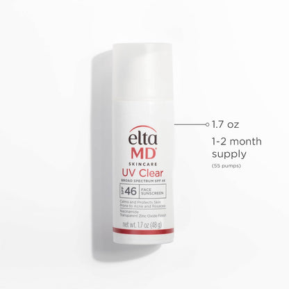 EltaMD Protector solar facial transparente UV SPF 46, sin aceite para cara con óxido de zinc, loción protectora solar recomendada por dermatólogos, para piel sensible propensa al acné, bomba de 1.7 oz