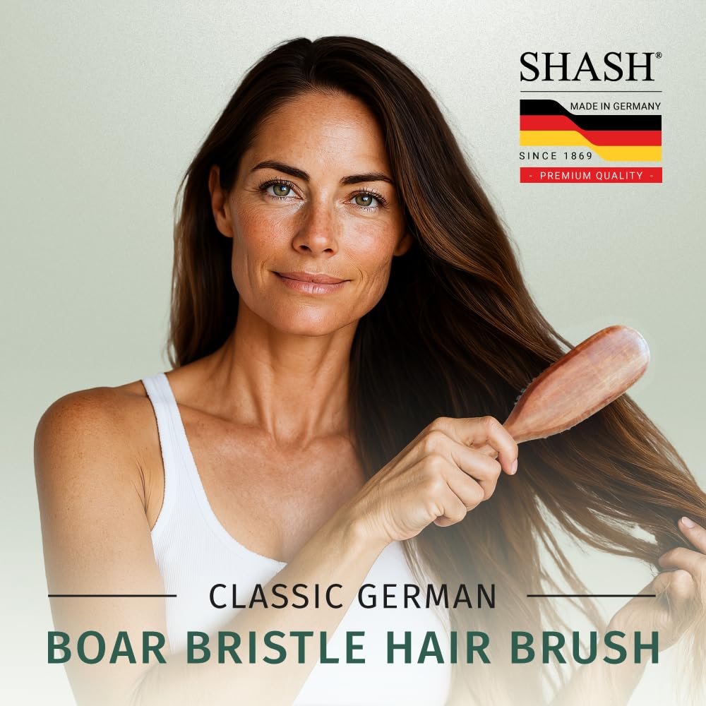 SHASH Cepillo de pelo clásico alemán de primer corte 100% con cerdas de jabalí desde 1869 – Acondiciona el cabello, mejora la textura, exfolia el cuero cabelludo, fino a normal, no para cabello grueso