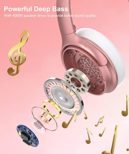 INFURTURE Auriculares rosados sobre la oreja, auriculares Bluetooth...
