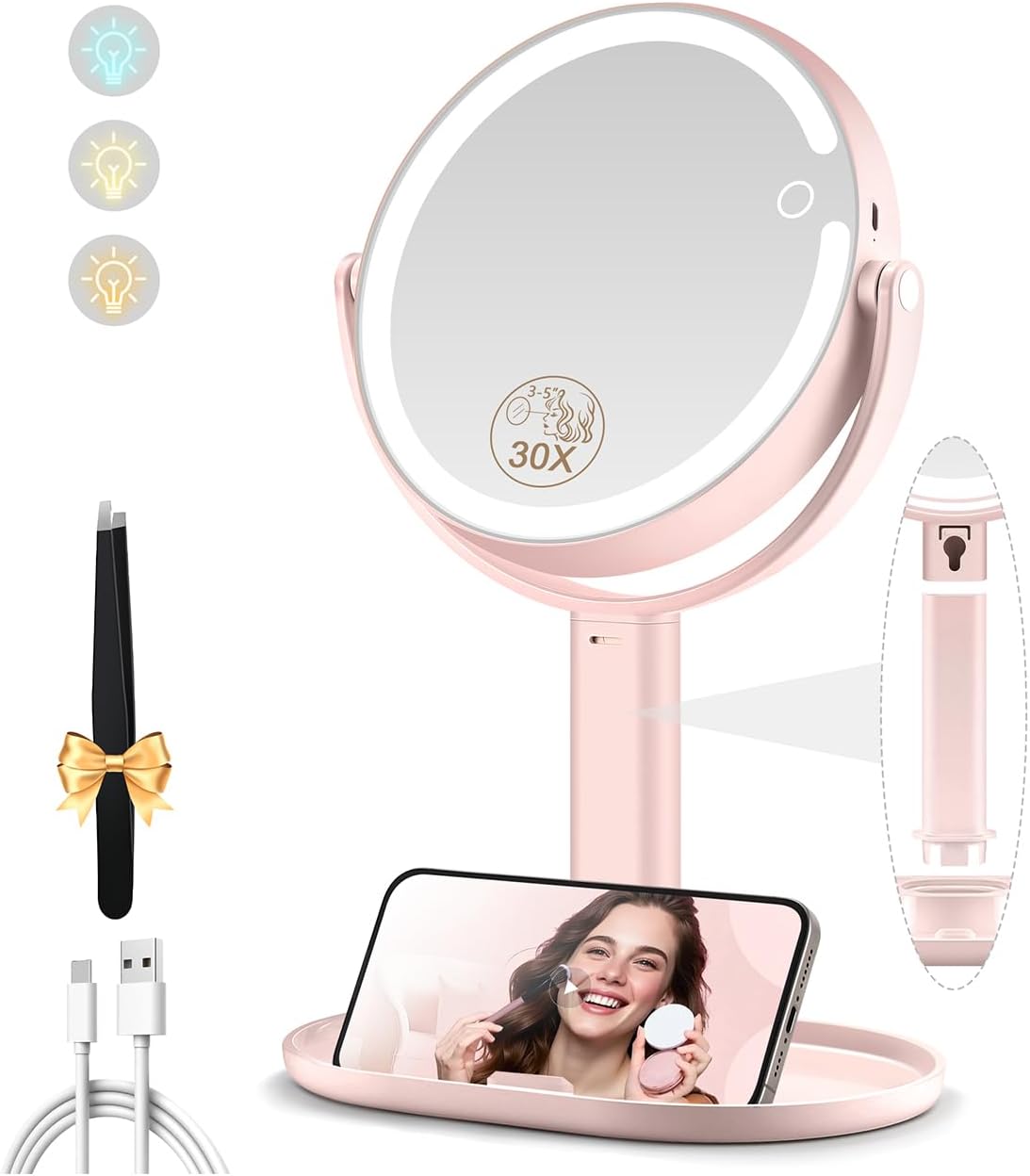 MOMOKUBA Espejo de maquillaje con luces, espejo de aumento de doble...