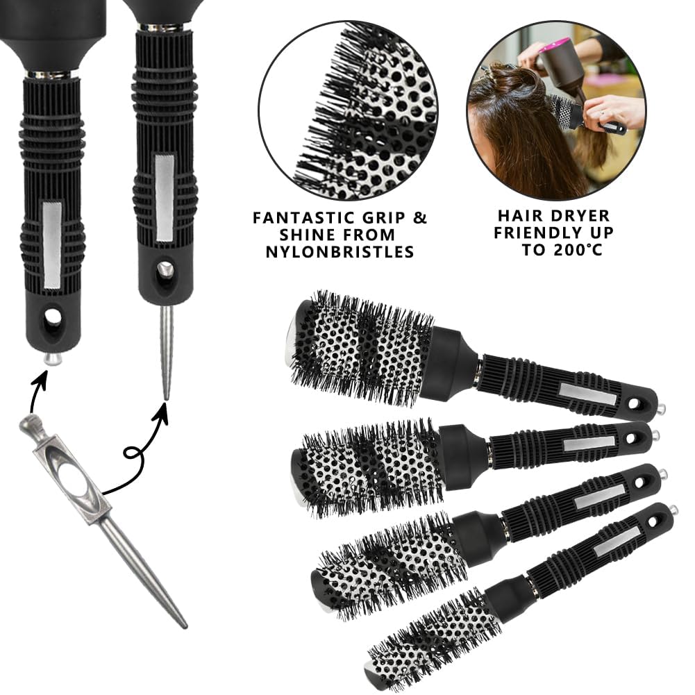 Cepillo redondo para secado con cerdas de jabalí, juego de cepillos térmicos de cerámica y tecnología iónica L+Samll redondo para niñas/mujeres, peluquería y peinado, ideal para rizar cabello corto y largo