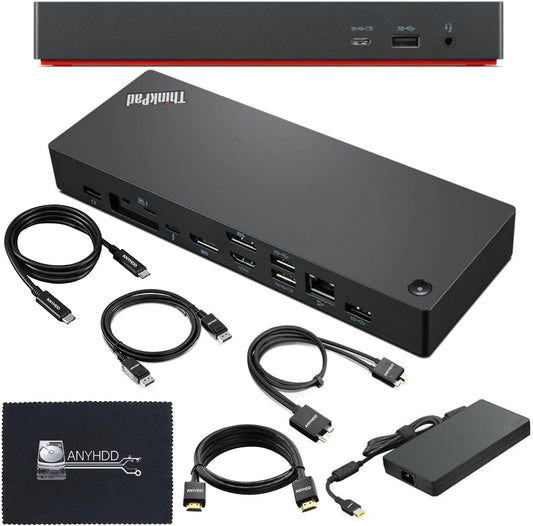 Paquete de estación de acoplamiento Lenovo 40B00300US USB C - 1 año de garantía, compatible con pantalla 4K, Thunderbolt 4 Dock con adaptador de 300 W, Anyhdd HDMI, DisplayPort, cables Thunderbolt y tela