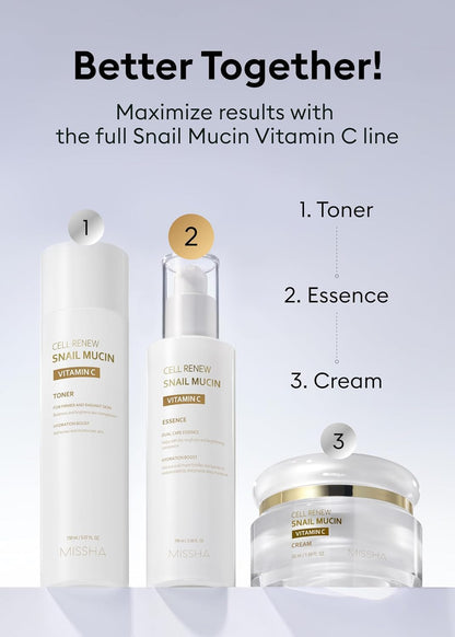 MISSHA Cell Renew Snail Mucin - Suero de esencia de vitamina C, 3.38 onzas líquidas, cuidado de la piel coreano hidratante para piel de vidrio, suero de mucina de caracol para mejorar la textura y la
