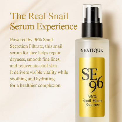 Advanced Snail 96% Mucin Power Essence 4.1 fl oz, Neatique SE96 - Suero hidratante y reparador de mucina de caracol para cara con filtrado de secreción de caracol para arrugas, piel opaca y líneas