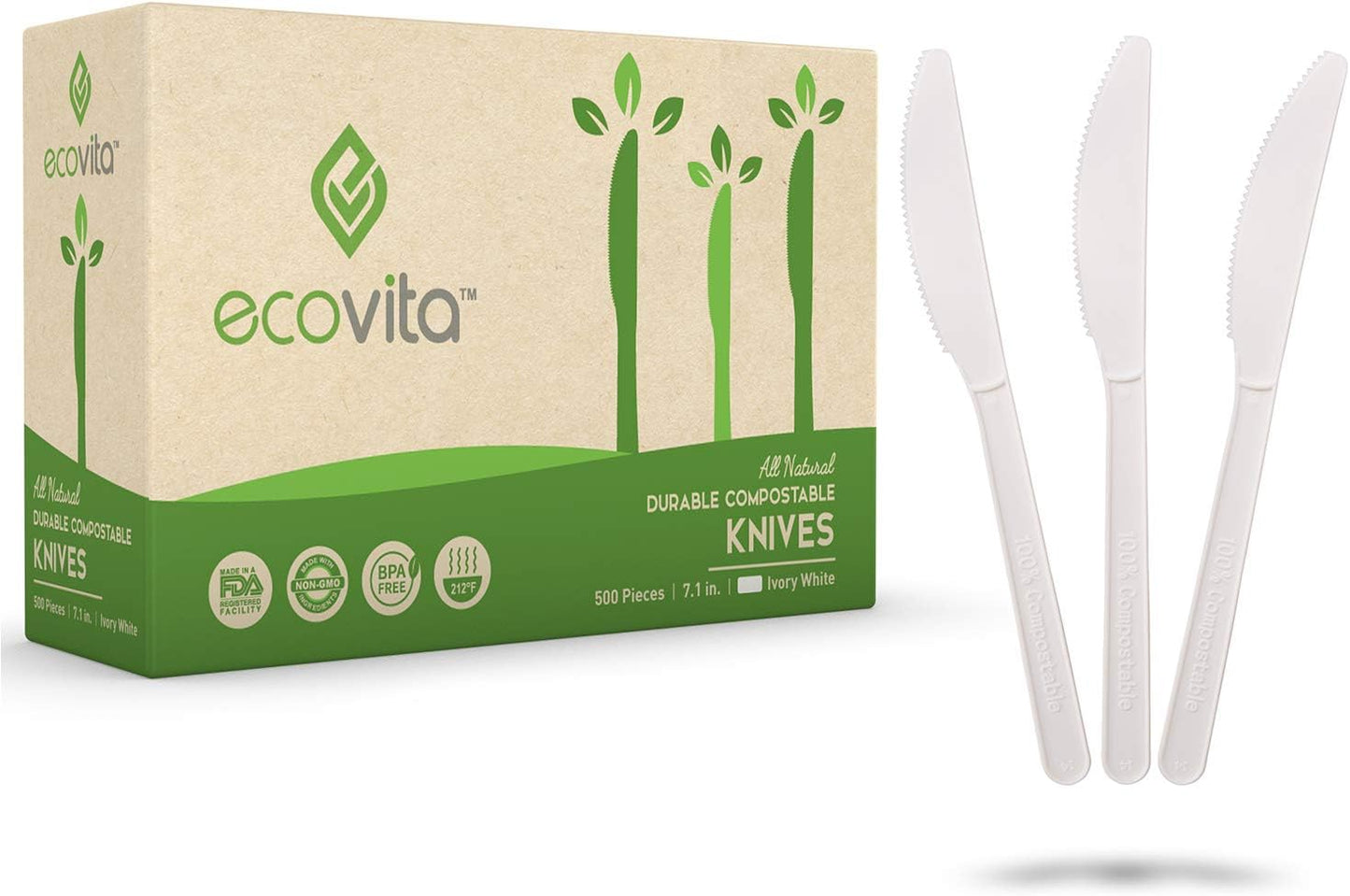 Ecovita Cuchillos 100% compostables \u2013 500 utensilios desechabl...