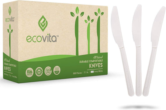 Ecovita Cuchillos 100% compostables \u2013 500 utensilios desechabl...
