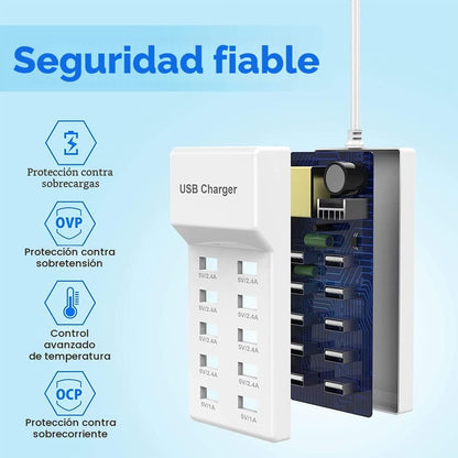 Estación de carga de pared USB de 10 puertos con carga rápida, tecn...