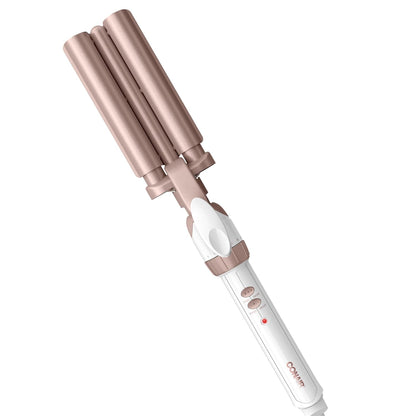 Conair Rizador de Cerámica Doble de 3 Barriles, Herramienta Onduladora de Triple Barril Crea Ondas Profundas y Continuas, Rizador de Cabello para Todas las Longitudes de Cabello, Blanco/Oro Rosa