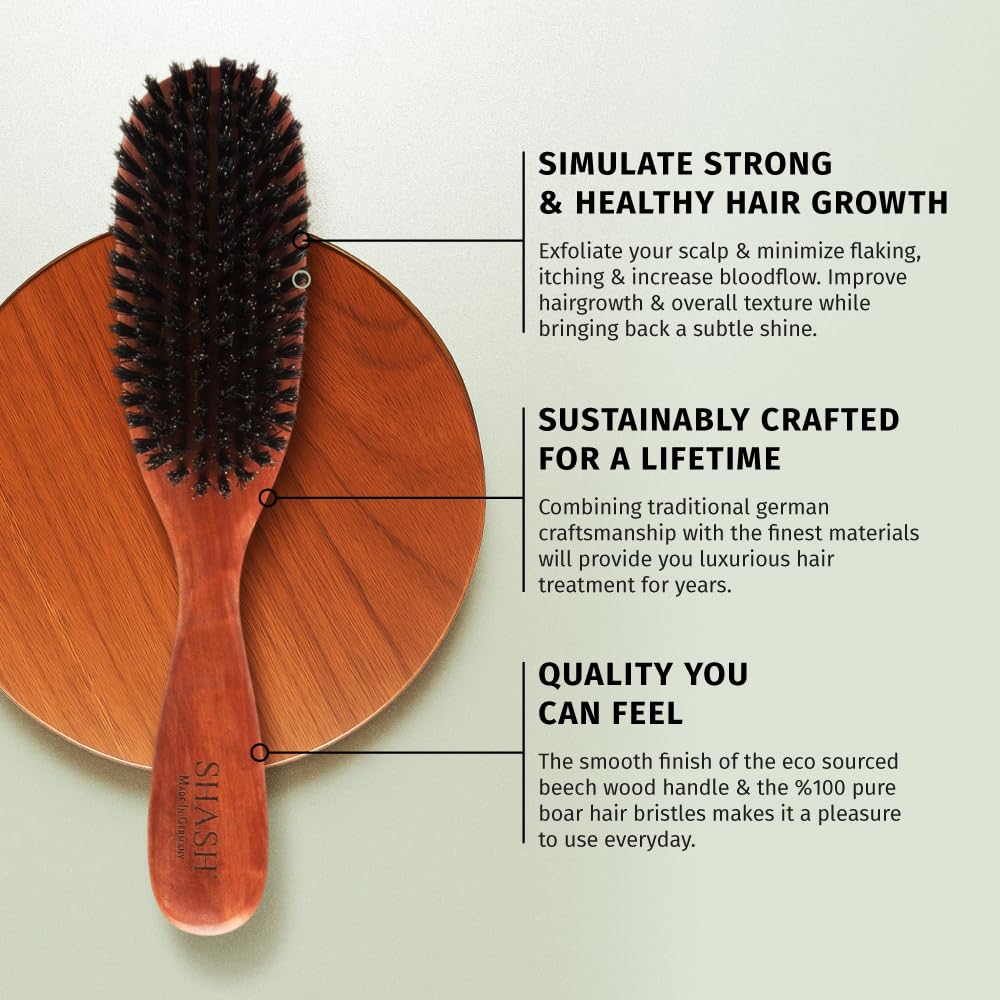 SHASH Cepillo de pelo clásico alemán de primer corte 100% con cerdas de jabalí desde 1869 – Acondiciona el cabello, mejora la textura, exfolia el cuero cabelludo, fino a normal, no para cabello grueso