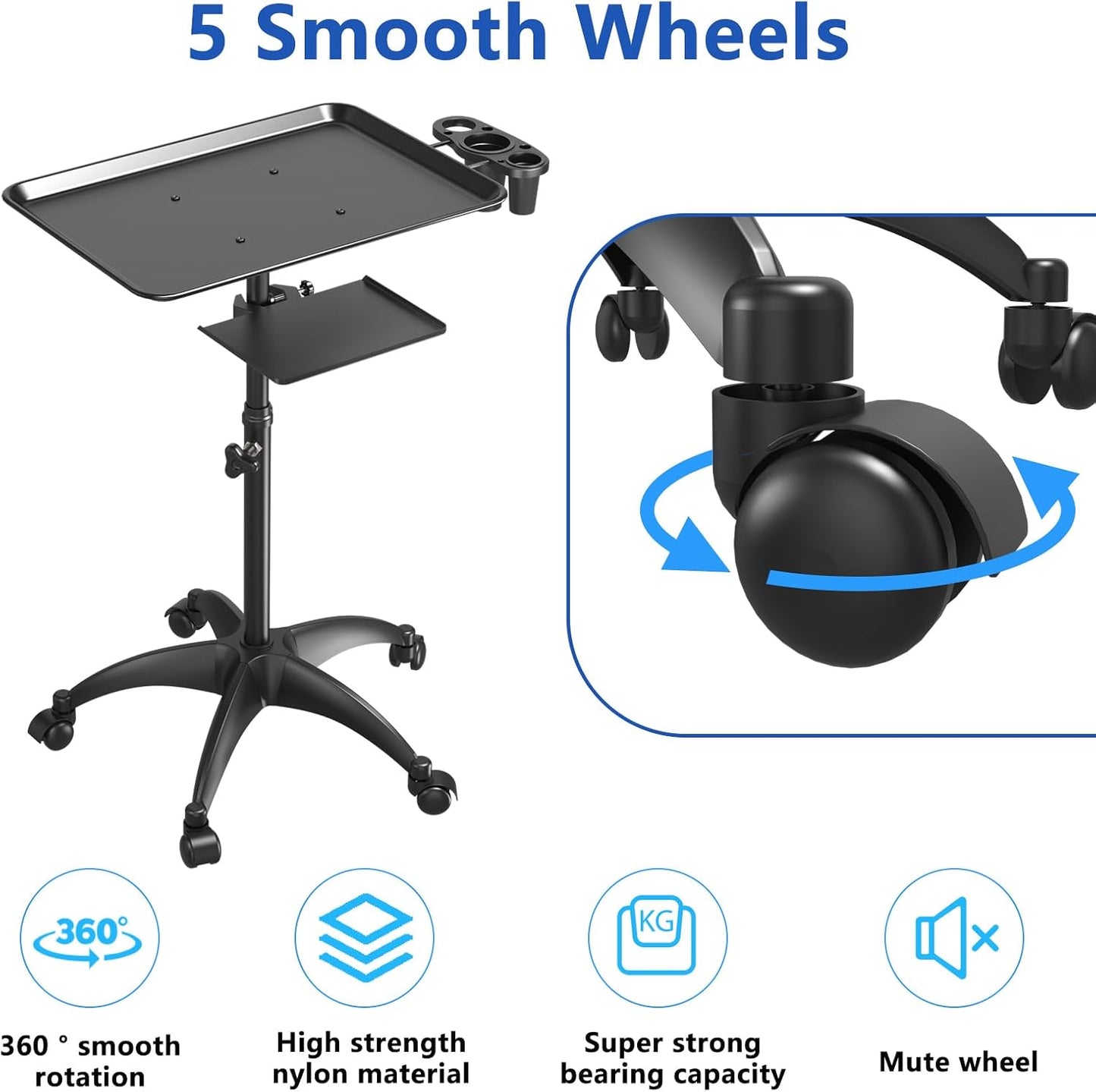 Carrito de Bandeja de Salón con Plataforma de Almacenamiento, Bandeja de Tatuaje de Aluminio con Ruedas Carrito de Altura Ajustable, Equipo de Bandeja de Salón Bandeja de Almacenamiento de