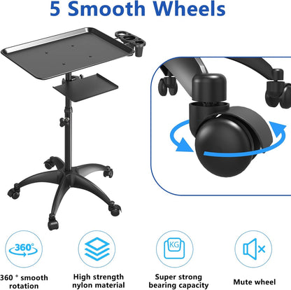 Carrito de Bandeja de Salón con Plataforma de Almacenamiento, Bandeja de Tatuaje de Aluminio con Ruedas Carrito de Altura Ajustable, Equipo de Bandeja de Salón Bandeja de Almacenamiento de