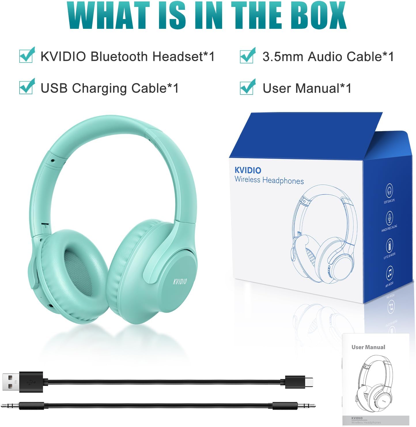 KVIDIO Auriculares Bluetooth sobre la oreja, 65 horas de reproducci...