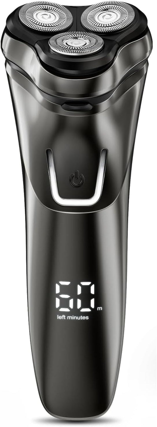 Maquinilla de afeitar eléctrica para hombres inalámbrica: afeitadora giratoria húmeda/seca impermeable - Carga rápida USB y cuidado de la piel sensible - Recortadora desplegable y cuchillas de