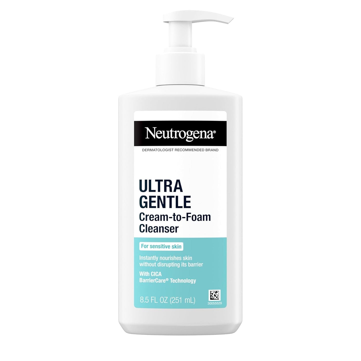 Neutrogena Crema ultra suave a espuma para piel sensible, limpiador facial suave sin fragancia, cuidado de la piel hipoalergénico, removedor de maquillaje no comedogénico, 8.5 onzas