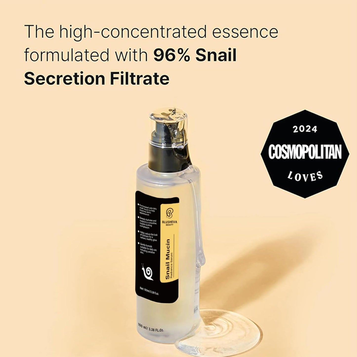 Suero facial de caracol – 96% de mucina de caracol para hidratación y antienvejecimiento – 3.4 fl oz de suero facial