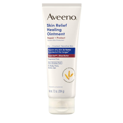 Aveeno Pomada curativa para aliviar la piel, protector de piel de 72 horas con triple avena y manteca de karité para piel extra seca, agrietada y sensible, sin fragancia y multiusos para labios, 7.2