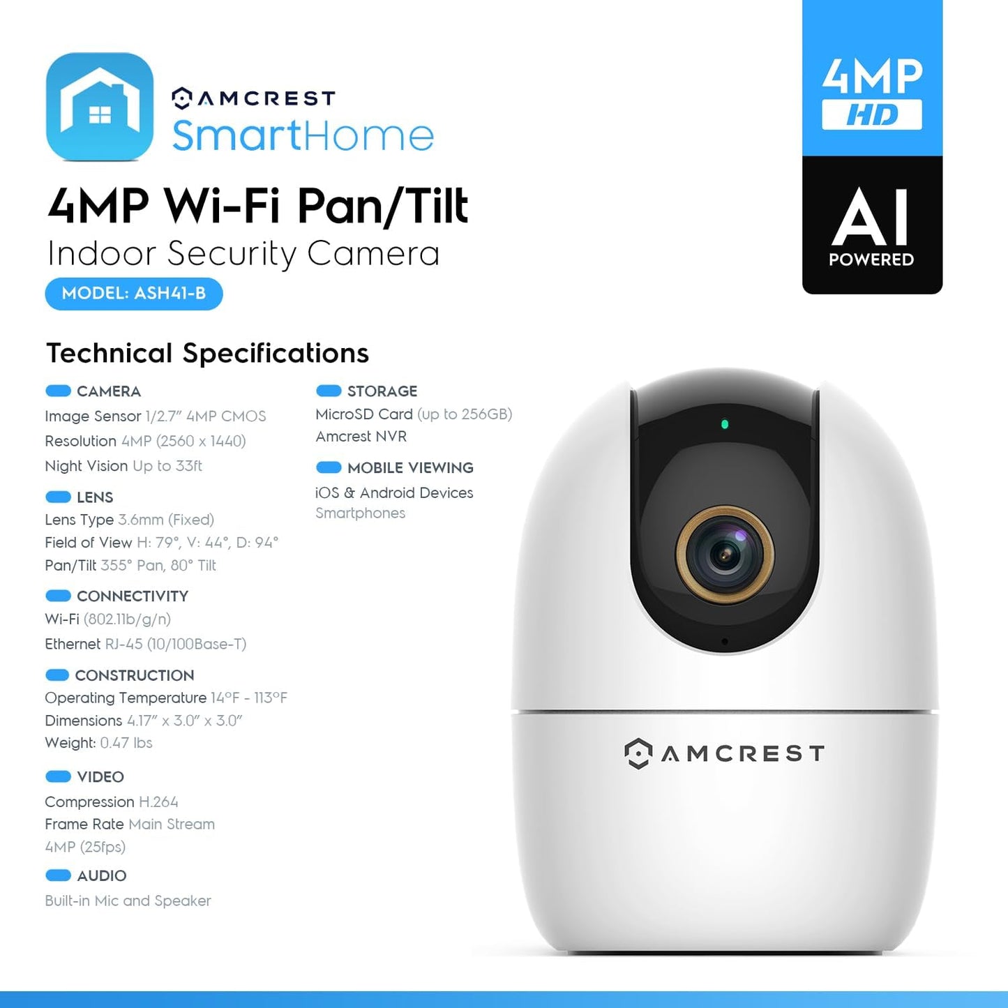 Amcrest Cámara WiFi de 4 MP para interiores, monitor de sonido y be...
