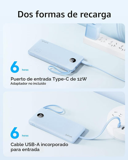 VRURC Banco de energía de 10000 mAh, cables integrados, cargador po...