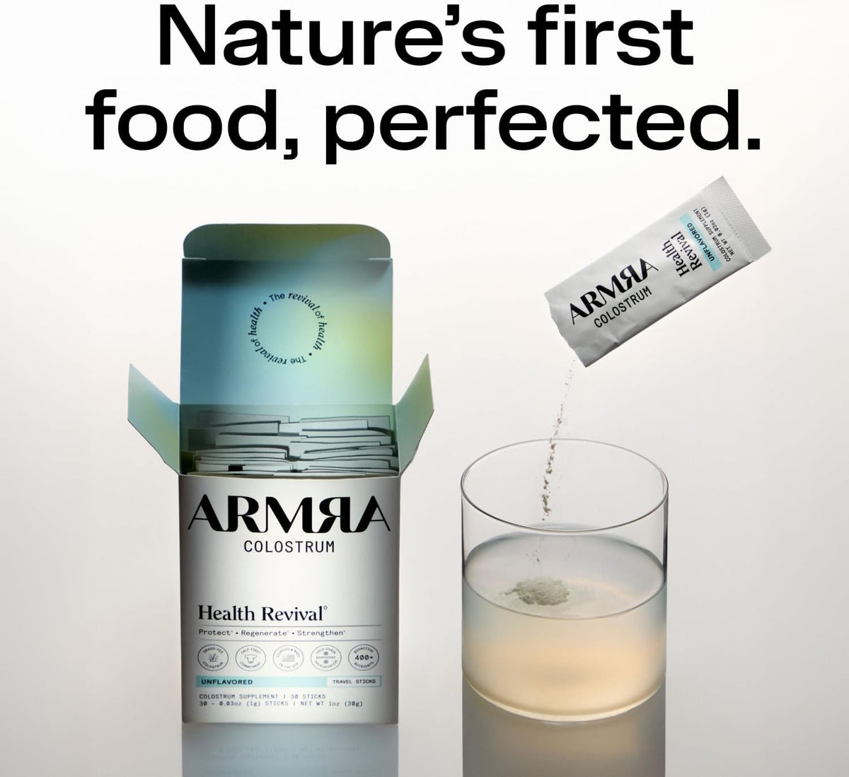 ARMRA - Polvo de calostro, sin sabor, 30 palitos de viaje para serv...