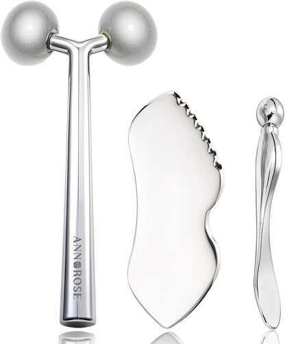 annrose Juego de masaje facial de acero inoxidable 3 en 1, rodillo...