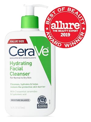 CeraVe Limpiador facial hidratante, lavado facial hidratante para piel seca, ácido hialurónico + ceramidas + glicerina, limpiador hidratante para piel normal a seca, certificado por la Asociación